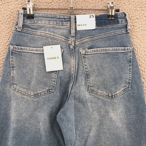 Forever 21 Jeans Womens 25 90s Fit Blue Colorblock Relaxed Frayed Button Fly NWT - Picture 4 of 11